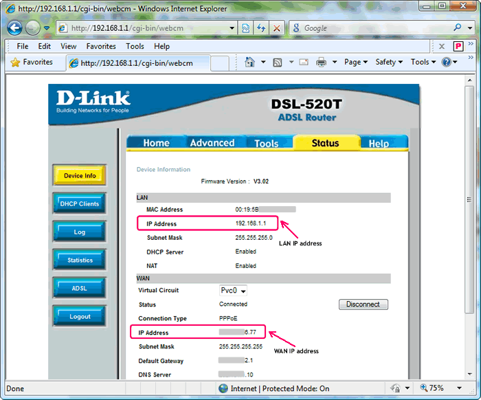 D-Link ADSL modem utility: finding LAN and WAN IP addresses on the Status page of http://192.168.1.1 administrator tool