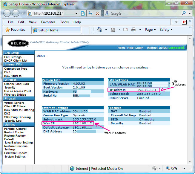 Belkin Cable/DSL router utility: finding LAN and WAN IP addresses on the home screen of http://192.168.2.1 administrator tool