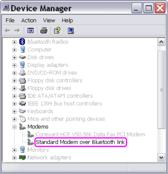 Standard Modem over Bluetooth link on the Device Manager