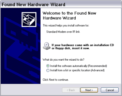 Found New Hardware Standard Modem over IR link