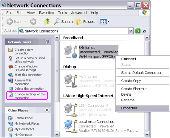 to open Internet connection Properties from Network Connections folder