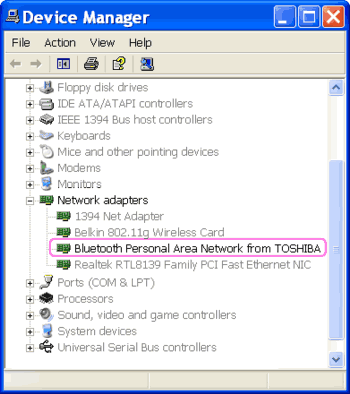 TOSHIBA Bluetooth PAN on the Device Manager TOSHIBA Bluetooth PAN on the Device Manager