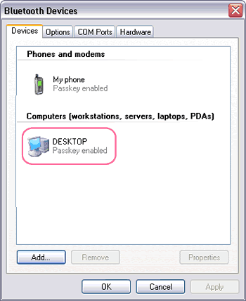 after the desktop has been paired with the laptop, it appears on the Bluetooth Devices window with 'passkey enabled'