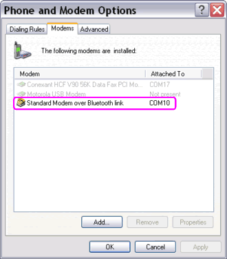 Standard Modem over Bluetooth link on Phone and Modem Options