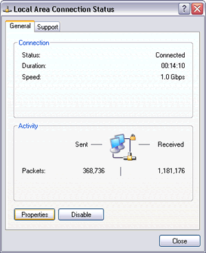 Windows XP : the status (status, duration, speed, and sent/received packets) of the connected Local Area Connection in the ICS client.