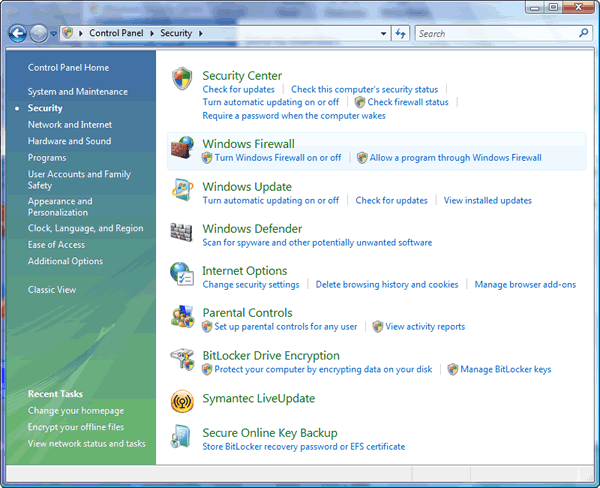 Windows Vista: Control Panel>Security>Windows Firewall