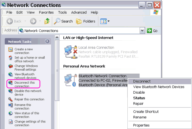 disconnecting from a PAN from Network Connections folder
