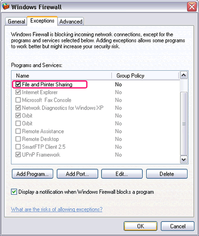 Windows XP : Windows Firewall - enabling file and printer sharing for a Local Area Connection by selecting File and Printer Sharing on Exceptions tab Windows XP : Windows Firewall - enabling file and printer sharing for a Local Area Connection by selecting File and Printer Sharing on Exceptions tab