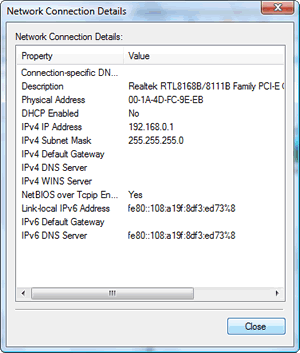 Windows Vista : Network Connection Details of a shared broadband Internet connection with gateway IPv4 IP address 192.168.0.1 of the ICS host's Ethernet card