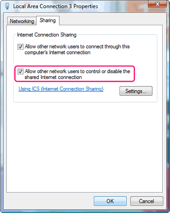Windows Vista : Network Connections : Local Area Connection (Internet connection) : right click to open Properties window and from 'Sharing' tab, select 'Allow other network users to control or disable the shared Internet connection' under Internet Connection Sharing.