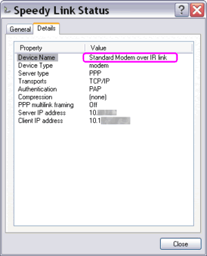 Infrared modem GPRS Internet connection status details - IP addresses and protocols