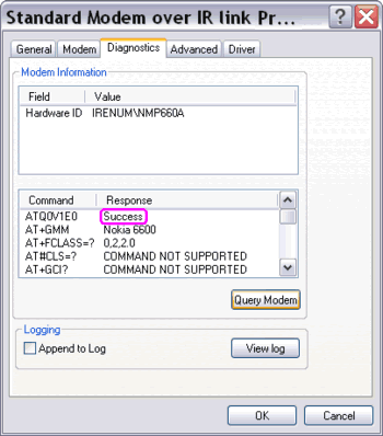 Standard Modem over infrared (IR) link of Nokia 6600 connection test from PC Standard Modem over infrared (IR) link of Nokia 6600 connection test from PC