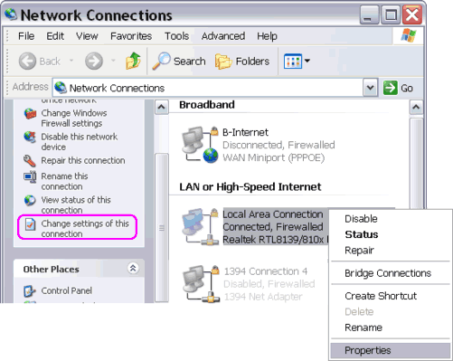 to open Local Area Connection Properties window