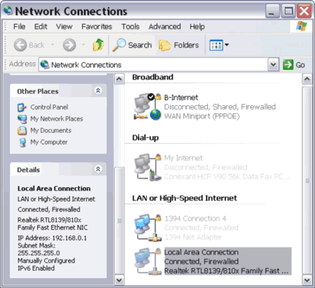 Local Area Connection details on the ICS host
