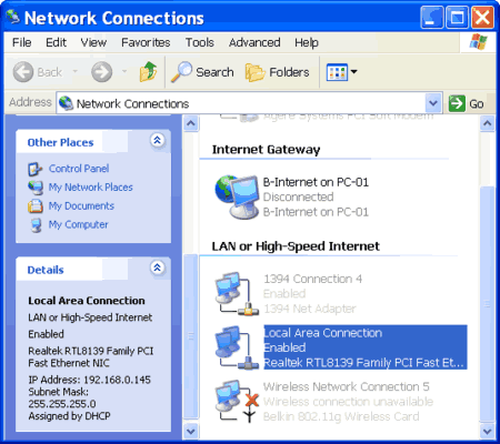 Local Area Connection details on the ICS client