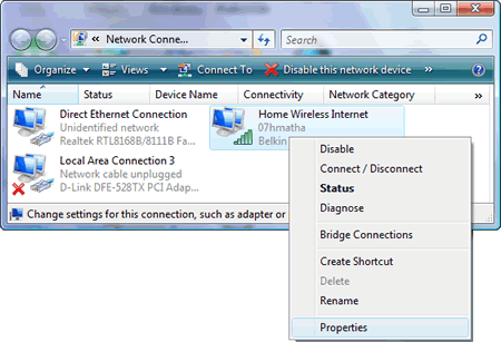 Windows Vista : Network Connections folder - opening Internet connection Properties by right-clicking its name/icon