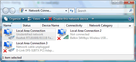 Windows Vista : Network Connections - Local Area Connection - Unidentified network Windows Vista : Network Connections - Local Area Connection - Unidentified network