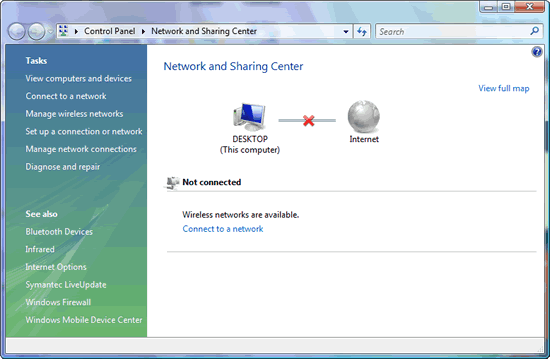 Windows Vista : Network and Sharing Center : disconnected link with red cross sign from this computer to Internet globe and Not connected on network connections list; Wireless networks are available.