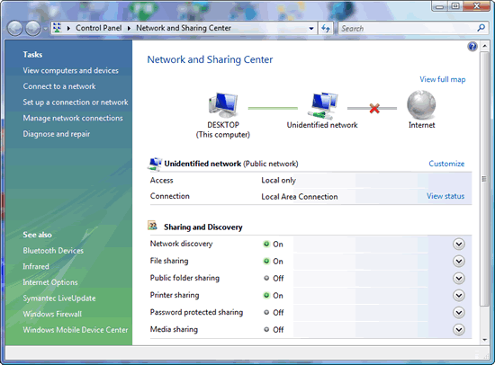 Windows Vista : Network and Sharing Center - Unidentified network (Public network) Local Area Connection