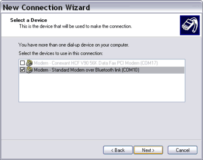 New Connection Wizard Standard Modem over Bluetooth link