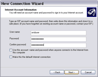 New Connection Wizard user name and password New Connection Wizard user name and password