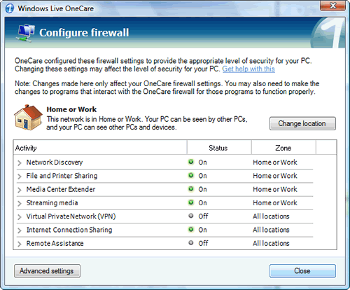 Windows Vista : Windows Live OneCare : Configure firewall : This network is in Home or Work. Your PC can bee seen by other PCs, and your PC can see other PCs and devices.