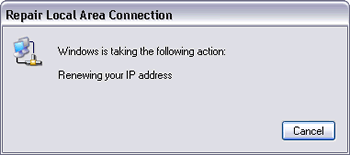 Windows XP : Network Connections - after right clicking a Local Area Connection and clicking Repair, Windows start renewing its IP address.