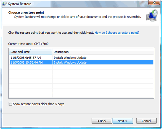 Windows Vista : System Restore : Choose a restore point. System Restore will not change or delete any of your documents and the process is reversible.