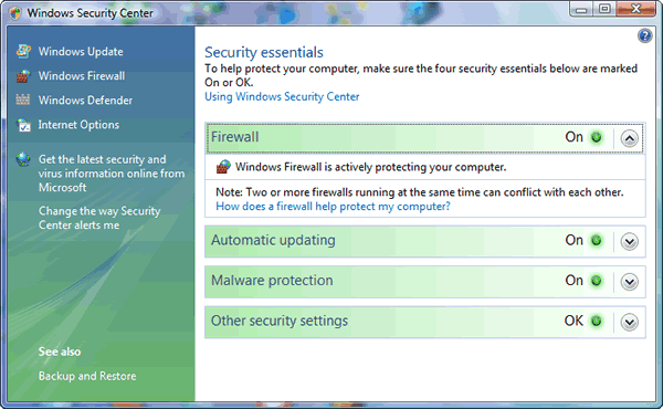 Windows Vista: Windows Security Center : Firewall : Windows Firewall is actively protecting your computer.
