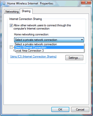 Windows Vista : Local Area Connection (Home Wireless Internet) Properties - Allow other network users to connect through this computer Internet connection under Internet Connection Sharing. Home networking connection: Select a private network connection.