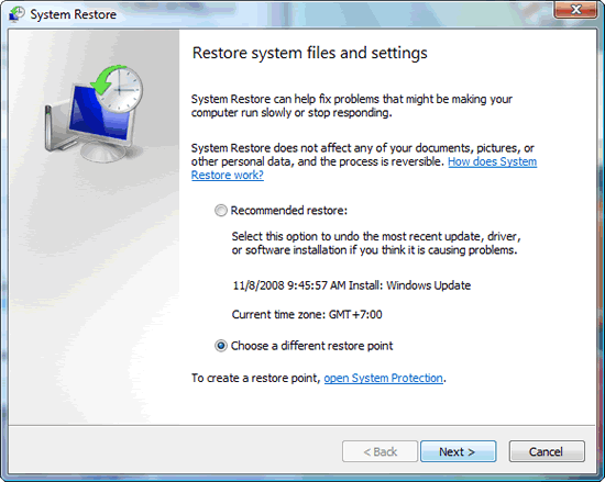 Picture: Restoring system files and settings from System Restore.