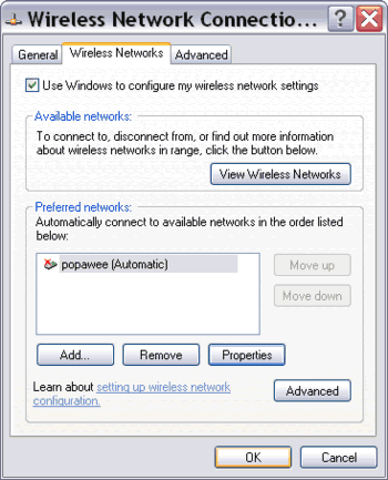 Preferred networks on Wireless Network Connection properties window