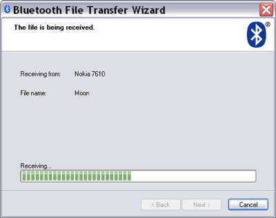 receiving a file from another device using Bluetooth File Transfer Wizard