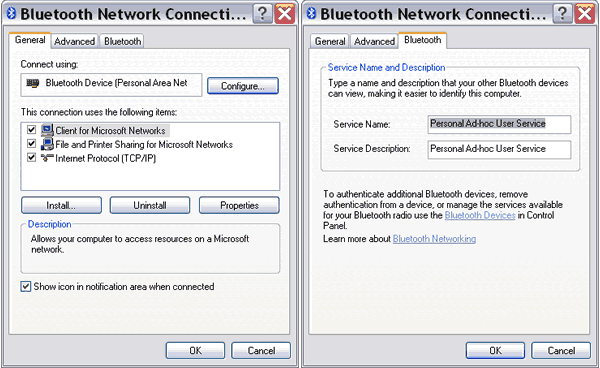 Bluetooth Network Connection properties