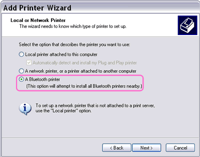selecting a Bluetooth printer in the Add Printer Wizard