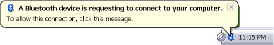 A message balloon requesting a Bluetooth connection