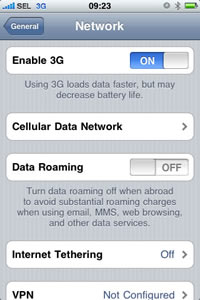 iPhone 3G screen after tapping Settings>General>Network: Enable 3G ON
