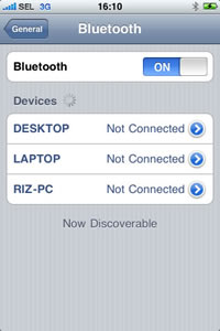 iPhone 3G screen after tapping Settings>General>Bluetooth: ON and all three computers (DESKTOP, LAPTOP, RIZ-PC) are paired but Not Connected