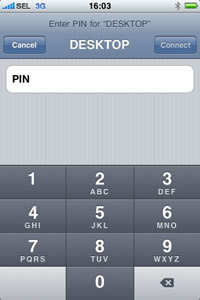 iPhone 3G screen : Enter PIN for 'DESKTOP' computer. Cancel. Connect. PIN input box. Alphanumeric keypad.