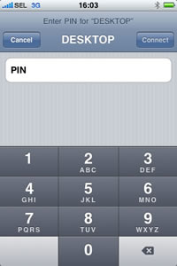 iPhone 3G screen : Enter PIN for 'DESKTOP' computer. Cancel. Connect. PIN input box. Alphanumeric keypad. iPhone 3G screen : Enter PIN for 'DESKTOP' computer. Cancel. Connect. PIN input box. Alphanumeric keypad.