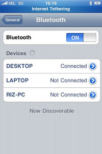 iPhone 3G screenshot: Settings > General > Bluetooth > 3G Internet- Tethering top blue bar, Bluetooth ON : Devices : DESKTOP Connected LAPTOP Not Connected RIZ-PC Not Connected. Now Discoverable.