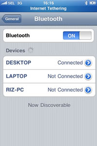 iPhone 3G screenshot: Settings > General > Bluetooth > 3G Internet- Tethering top blue bar, Bluetooth ON : Devices : DESKTOP Connected LAPTOP Not Connected RIZ-PC Not Connected. Now Discoverable.