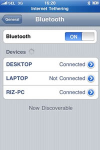 iPhone 3G screenshot: Settings > General > Bluetooth > Bluetooth ON : Devices : DESKTOP Connected LAPTOP Not Connected RIZ-PC Connected. Now Discoverable.