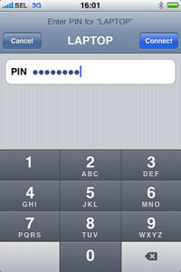 iPhone 3G screen : Enter PIN for 'LAPTOP' computer. Cancel. Connect. PIN entry box and on-screen keypad. iPhone 3G screen : Enter PIN for 'LAPTOP' computer. Cancel. Connect. PIN entry box and on-screen keypad.