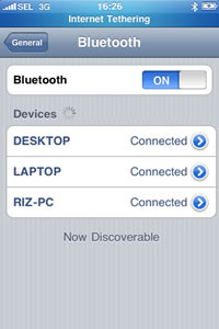 iPhone 3G screenshot: Settings > General > Bluetooth > Bluetooth ON : Devices : DESKTOP Connected LAPTOP Connected RIZ-PC Connected. Now Discoverable. iPhone 3G screenshot: Settings > General > Bluetooth > Bluetooth ON : Devices : DESKTOP Connected LAPTOP Connected RIZ-PC Connected. Now Discoverable.