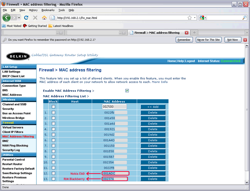 Belkin Cable/DSL Gateway Router Setup Utility > Firewall > MAC Address Filtering : registering iPhone 3G's MAC address (starting with 00:25:00) to the list of allowed devices (Nokia E60 and a Blackberry already allowed)