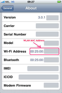 iPhone 3G screen: tap Settings then General then About to locate Wi-Fi MAC address, also Bluetooth MAC address and other details