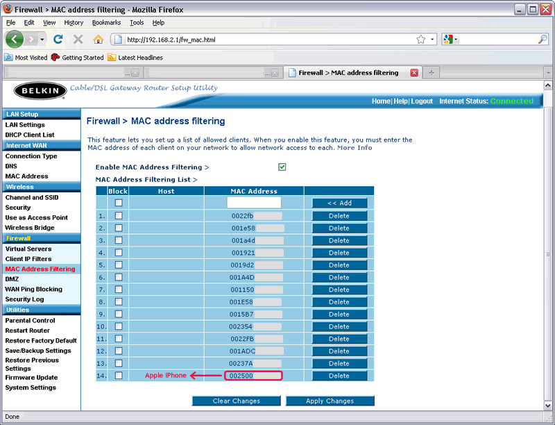 Belkin Cable/DSL Gateway Router Setup Utility > Firewall > MAC Address Filtering : iPhone 3G's MAC address (starting with 00:25:00) has been added to the list of allowed devices