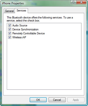 iPhone Properties > Services tab: Audio Source, Device Synchronization, Remotely Controllable Device, Wireless IAP checked/selected iPhone Properties > Services tab: Audio Source, Device Synchronization, Remotely Controllable Device, Wireless IAP checked/selected