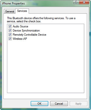 iPhone Properties > Services tab: Audio Source, Device Synchronization, Remotely Controllable Device, Wireless IAP checked/selected